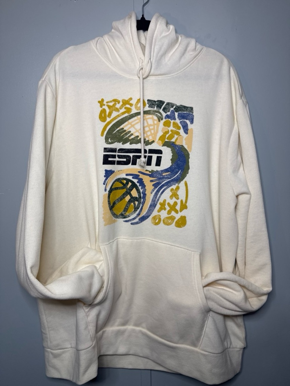 Old Navy Cream Hoodie with Yellow and Blue Graphic